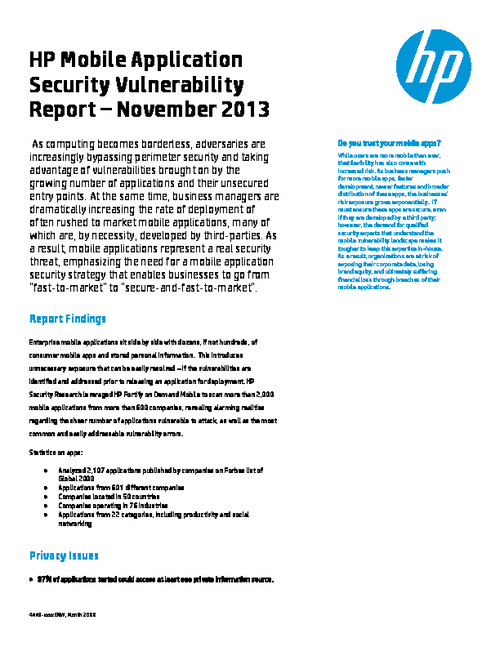 HP Mobile Application Security Vulnerability Report - November 2013